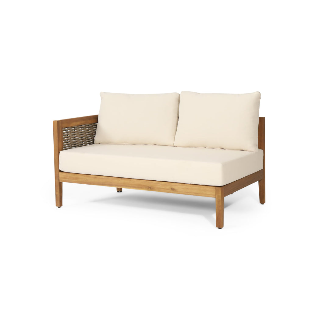 4 Piece Rattan Sofa Paito Conversation Set, All-Weather Acacia Wood V-Shaped Sectional Sofa with Cushions, 1 Coffee