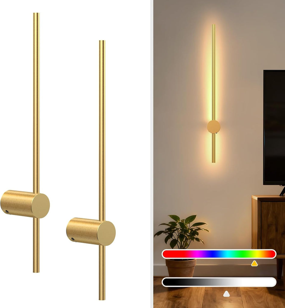 24 Inch Battery Operated Wall Sconce Set of 2,Gold Minimalist Rechargeable LED Wall Lights with Remote, 10 Colors