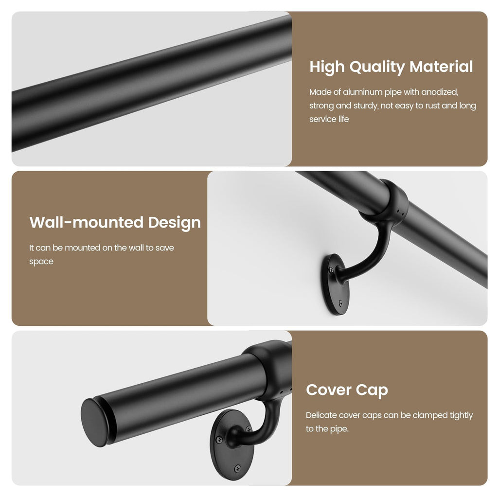 Stair Railing Indoor 4 Feet Hand Rails for Indoor/Outdoor Steps 1.5" Round Porch Railing Wall Mount Aluminum Hand