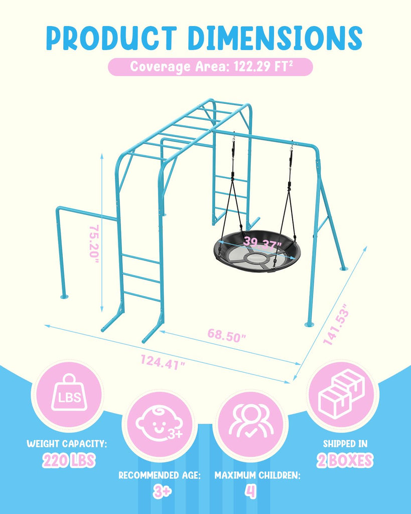 Monkey Bars Set for Backyard with Climbing Frame & Saucer Tree Swing, Playground Metal Swing Set with Monkey Bars