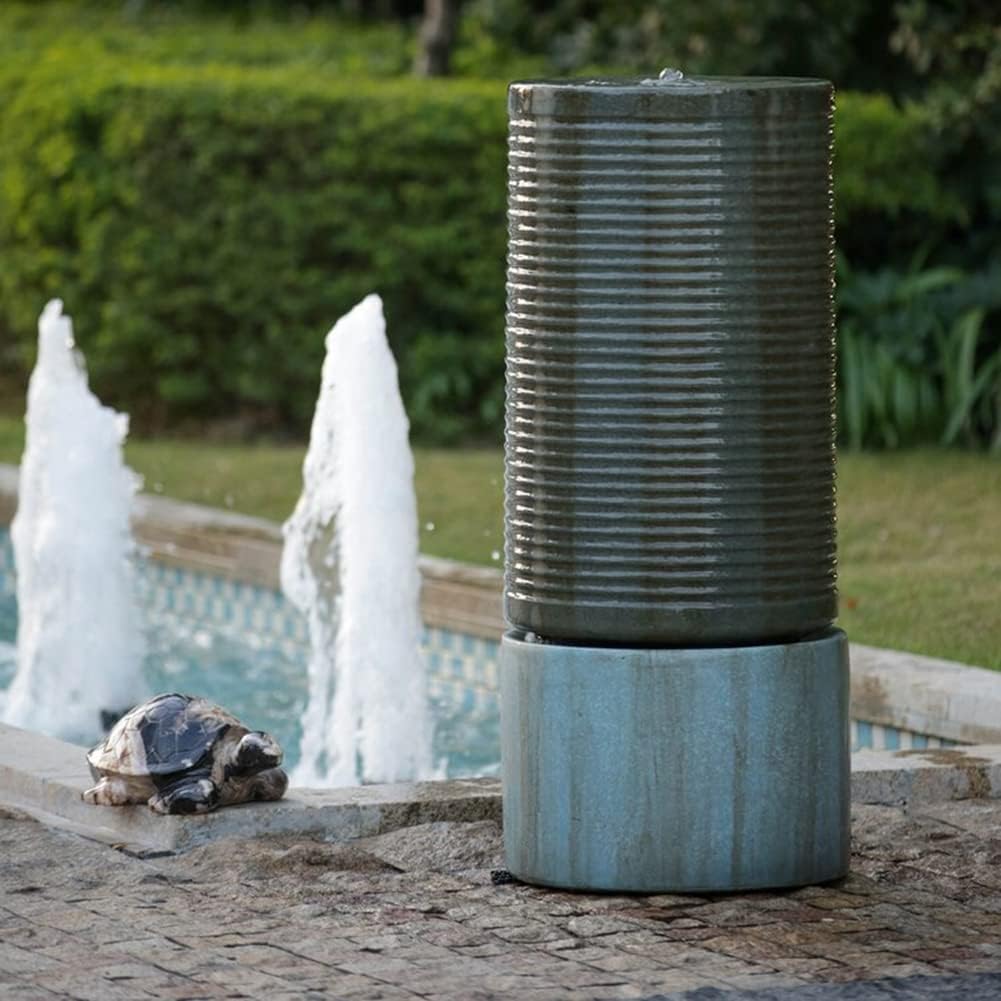 44" Tall Large Round Green Ribbed Tower Water Fountain, Verge Blue Gray Finish