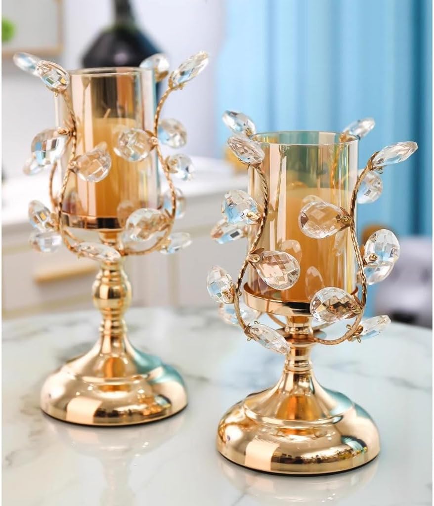 Light Luxury Gold Crystal Glass Candle Holder Romantic Dining Table Candlelight Dinner Prop Decoration(36 * 14cm)