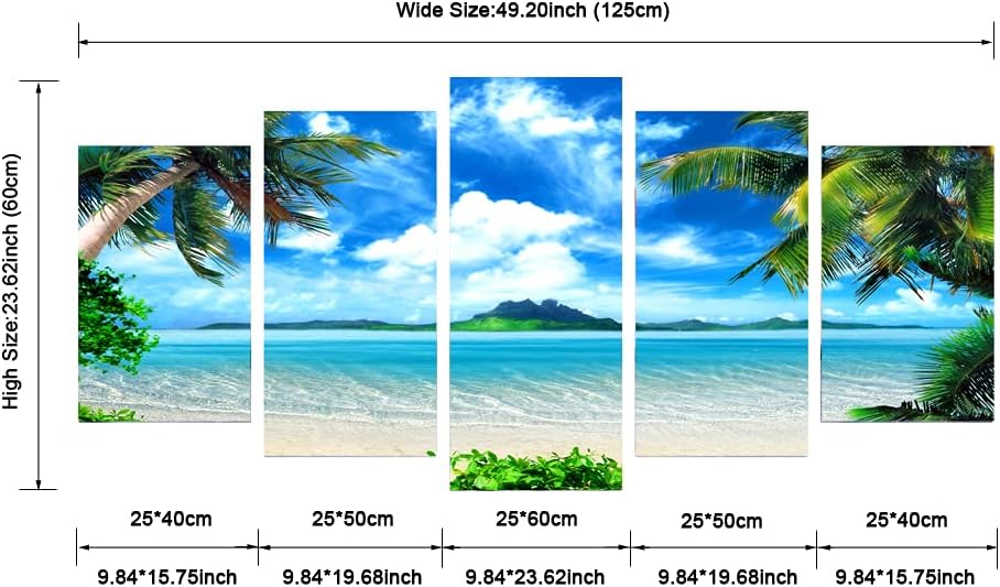 Modern 5 Panels Blue Sea Beach Pictures Paintings on Canvas Wall Art Stretched Contemporary Landscape Ocean Canvas
