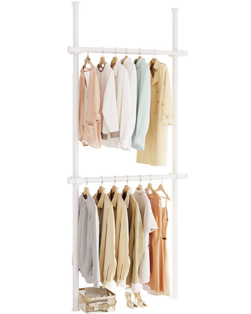 Floor-to-Ceiling Clothing Rack with Wire Storage Basket, Double Hanging Rods, Adjustable Tension Closet Organizer