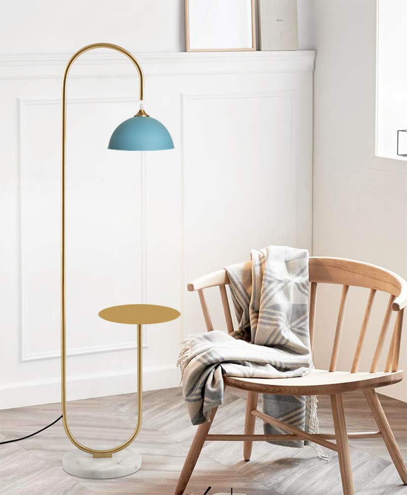 Modern Standing Light Floor Lamp with a Table, High Floor Lamp for Reading - Brushed Brass Finish and Blue