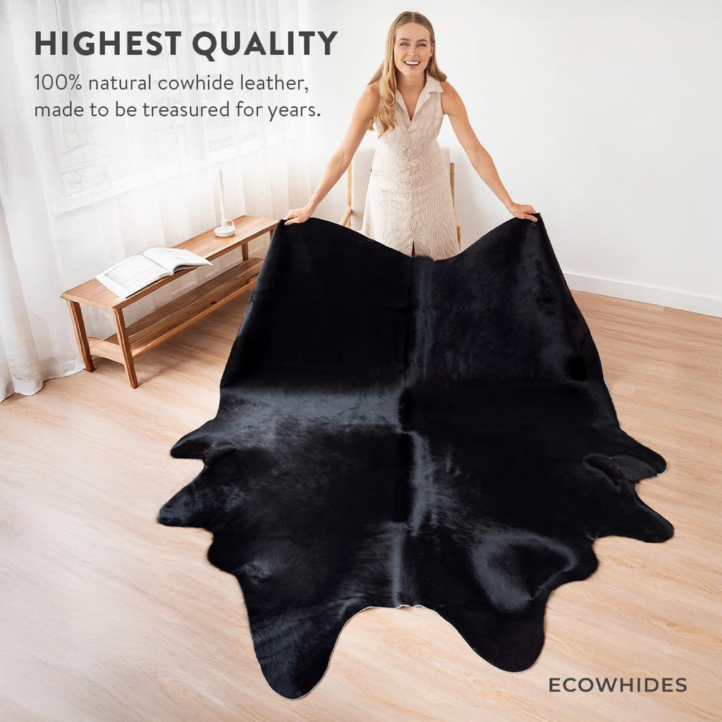 100% Genuine Brazilian Cowhide Rug - Black Natural - Luxury Cowskin Leather Area Rug Décor 7 x 6 feet
