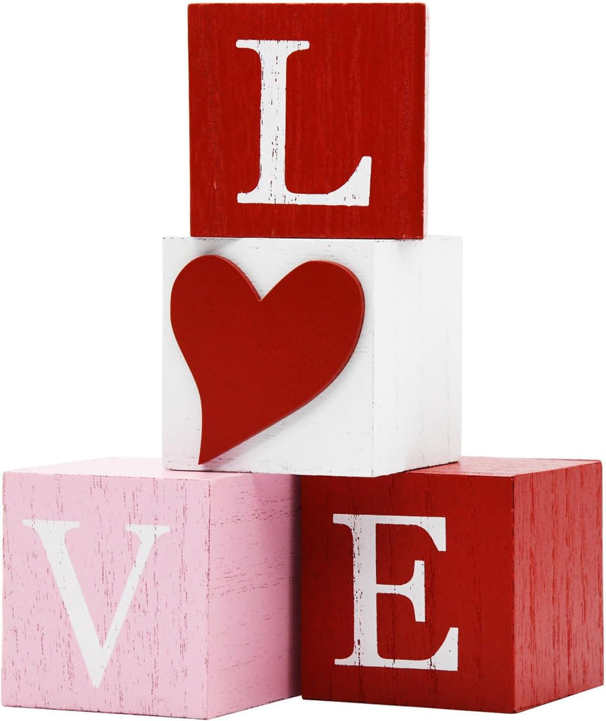 Valentines Day Decorations Love Signs, 3D Heart Wooden Sign Rustic Valentines Day Table Decor Farmhouse Tiered Tray - Set of 4