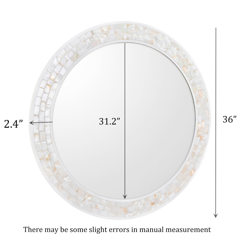 Round Bathroom Mirror 36 Inch, White Framed Mosaic Shell Mirrors