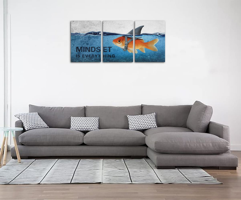 3 Panels Modern Framed Inspirational Canvas Wall Art Goldfish Body Strong Shark Heart Mindset is Everything