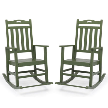 Outdoor Rocking Chair with Footrest, Wooden Rocker Set of 2, Green