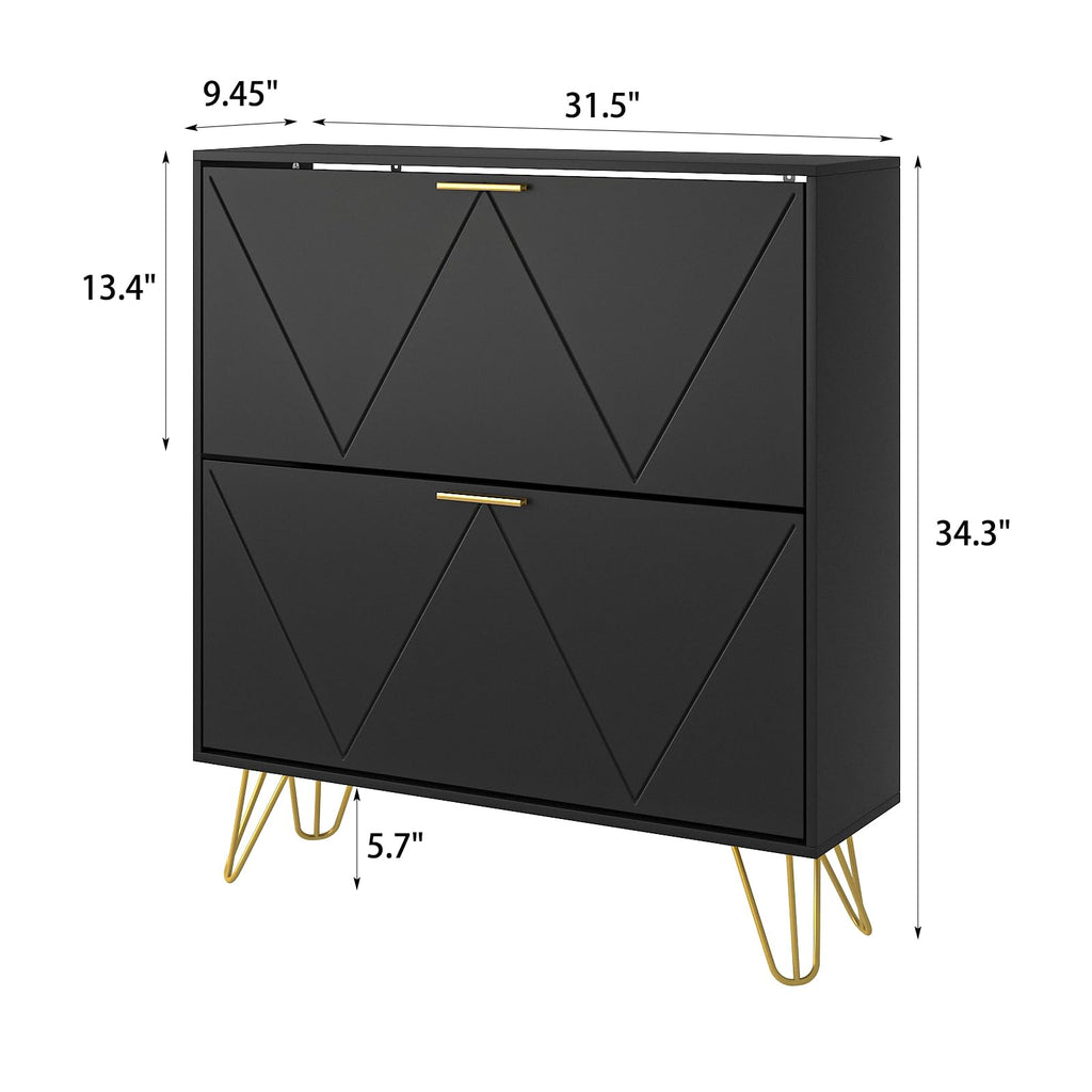 Black Shoe Cabinet Storage, Narrow Shoe Cabinet with 2 Flip Drawers, Freestanding Organizer with Fluted Panel