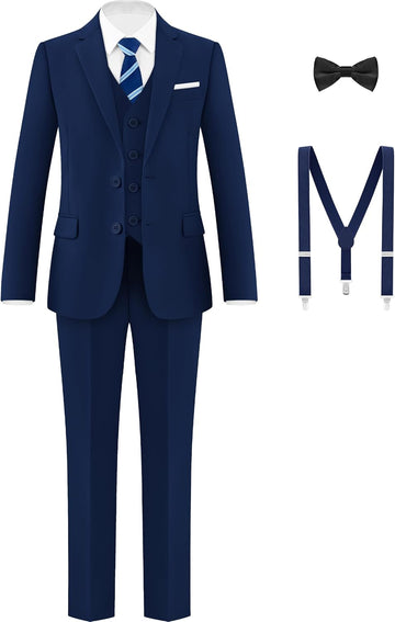 Boys Formal Suit Set, 3 Styling Looks, Adjustable Waist & Suspenders