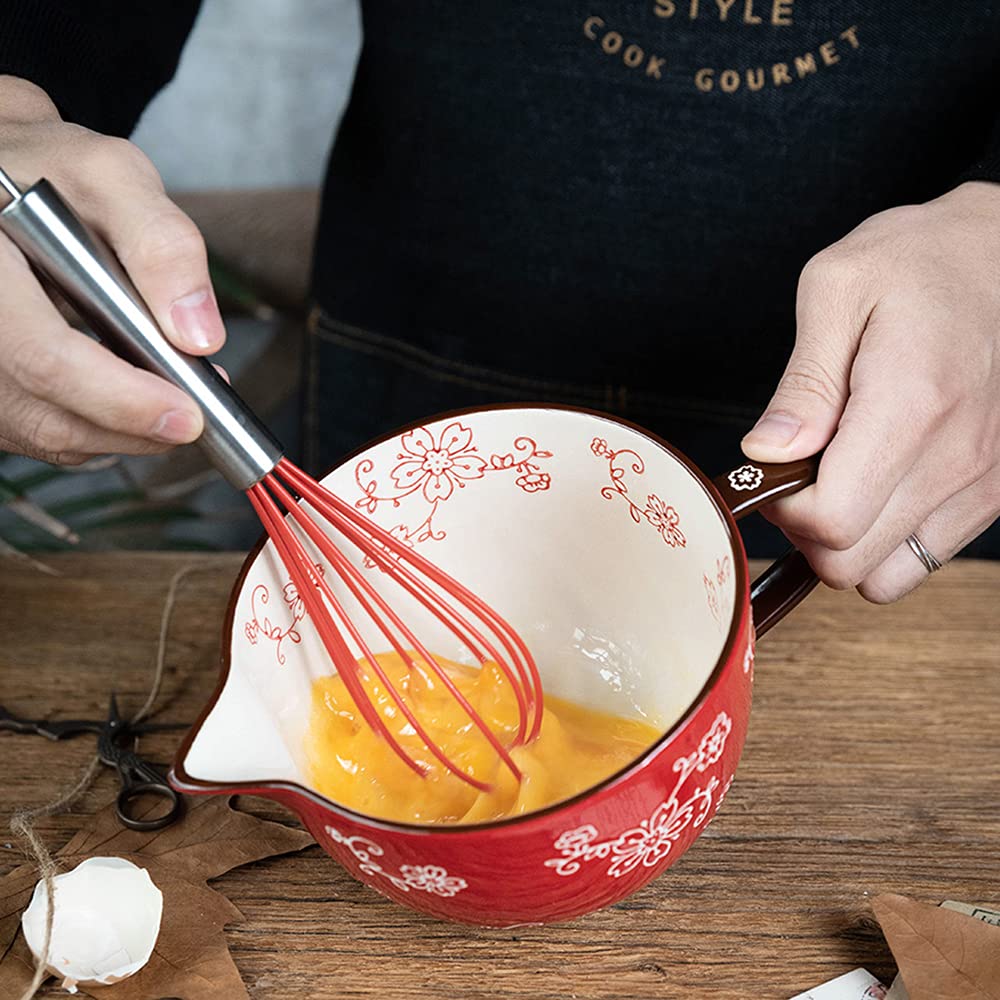 Cherry Blossom Pattern Kitchen Ceramic Mixing Bowl, 1 Quart Large Bowl, with Pouring Spout and Handle