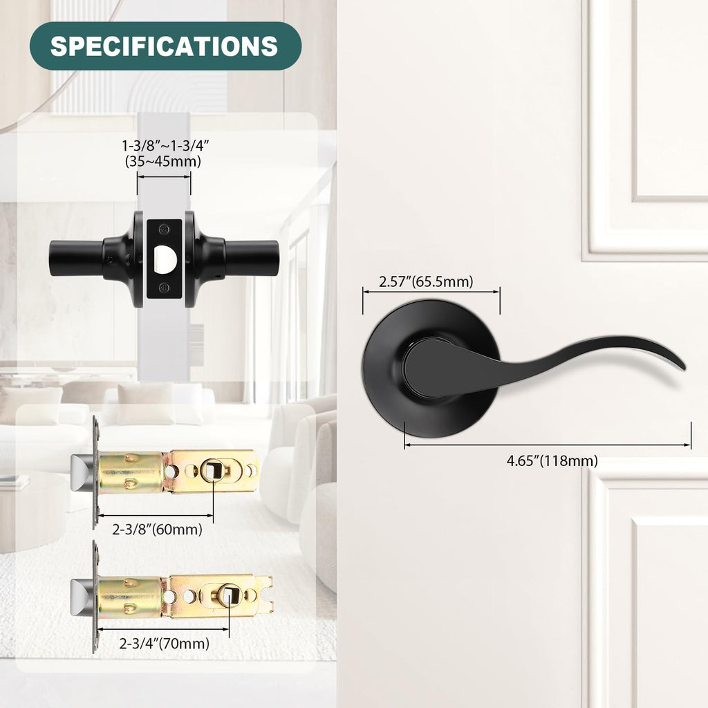 5 Pack Matte Black Passage Door Levers Interior Door Handles and Closet Door Lock Keyless Wave Lever Door Handles