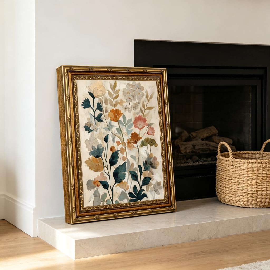 Gold Framed Beige Floral Canvas Wall Art Vintage Country Botanical Earth Tone Flower painting Decor Pictures Boho