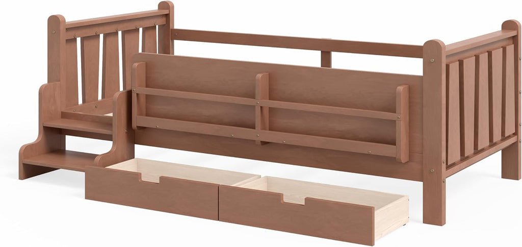 Floor Bed with Storage Bookcase and Drawers, Solid Wood Platform Bed with Guardrails, Cute Stair Design, Low