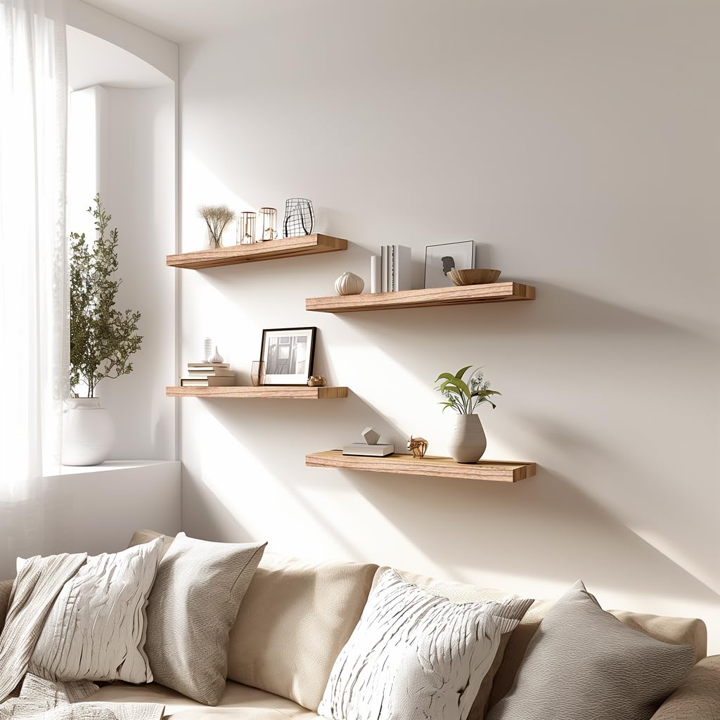 Wood Floating Shelves for Wall, Wooden Wall Shelves, Set of 6 Light Brown 17 Inch