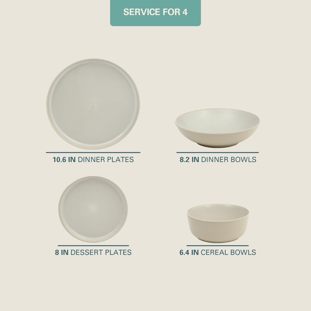Tribeca Loft 16-Piece Dinnerware Set - Matte Cream and White Reactive Glaze Stoneware, Double Bowl Round Plates