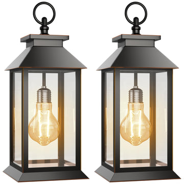 2 Pack Solar Lanterns Outdoor, Hanging Glass Solar Lights Waterproof, Dual Power Solar & 2*AA Battery, for Porch