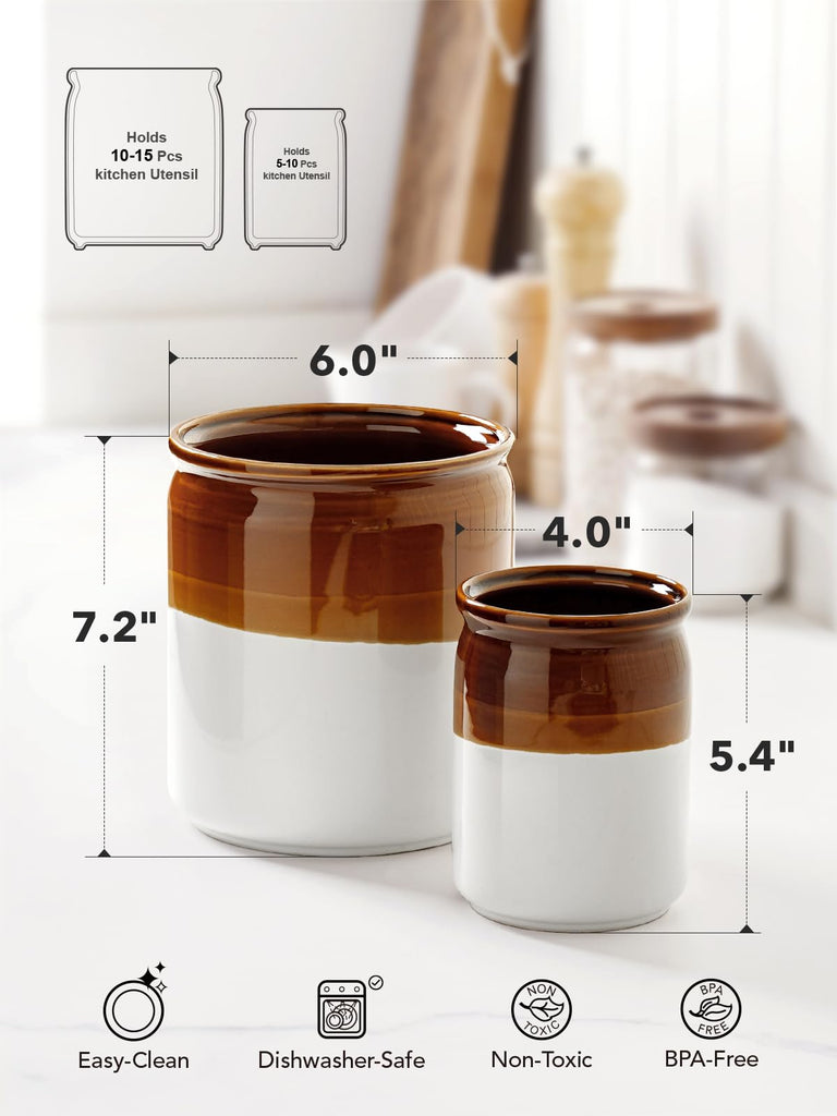Kitchen Utensil Holder for Countertop, Ceramic Utensil Crock Set of 2, Rustic Brown Holder for Spatulas, Spoons