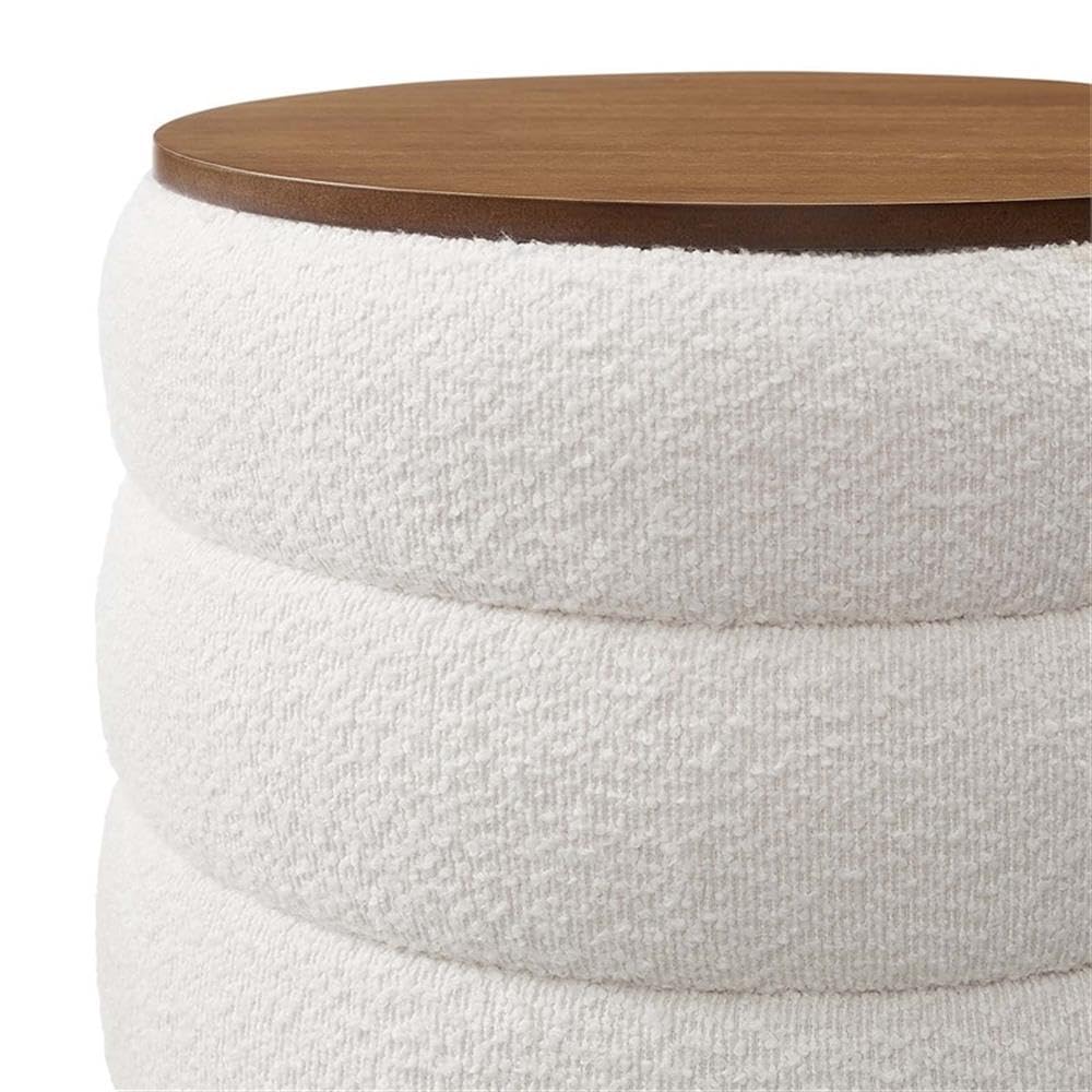 Mezzo Round Boucle Fabric Storage Ottoman Stool in Cloud - Channel Tufted Ottoman - Upholstered Footrest - Versatile
