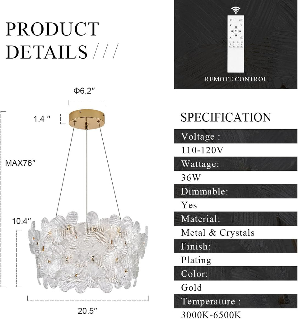 Flower Elegant Crystal LED Chandelier D20'' Brushed Gold Contemporary for Dining Room Dimmable Flush Mount High