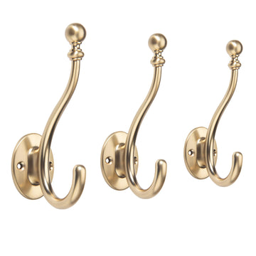 3 Pack Coat Rack Hooks-Champagne Bronze Towel Hook Entryway Hanging Towels Clothes Robes Double-Prong Farmhouse