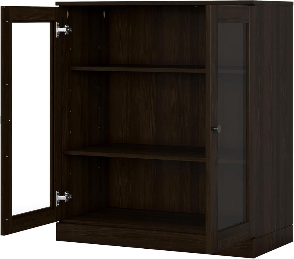 Solid Wood Bookcase - 3 Tier Bookshelf - 32" Wide - Espresso, Short Bookcase, Display Cabinet with Glass Doors &