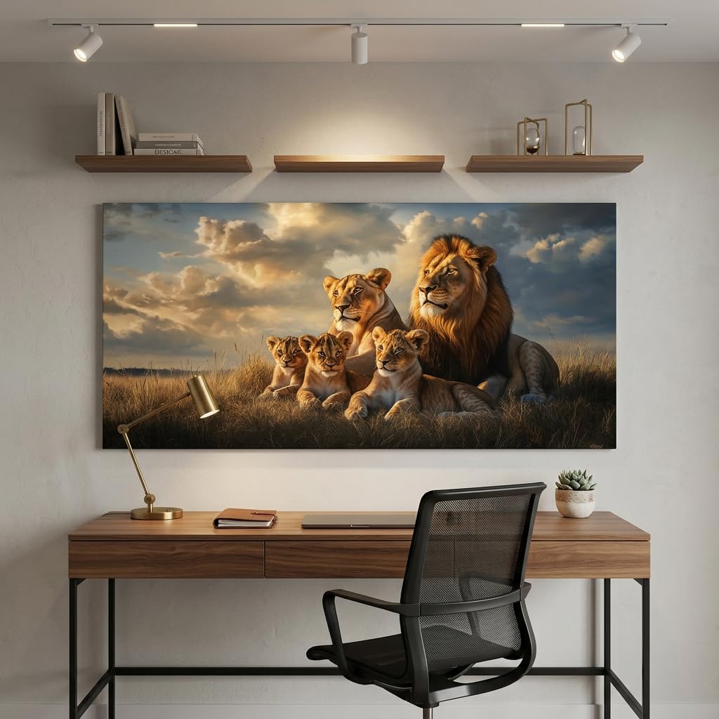 Blue Lion Family Wall Art Modern Canvas Painting Wildlife Landscape Animal Prints Artwork Office Hallway Bedroom