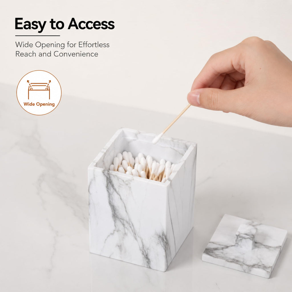 2-Pack Marble Pattern Cotton Swab Holders with Lids, Res Vanity Storage Jars, Square Qtip Containers for Cotton