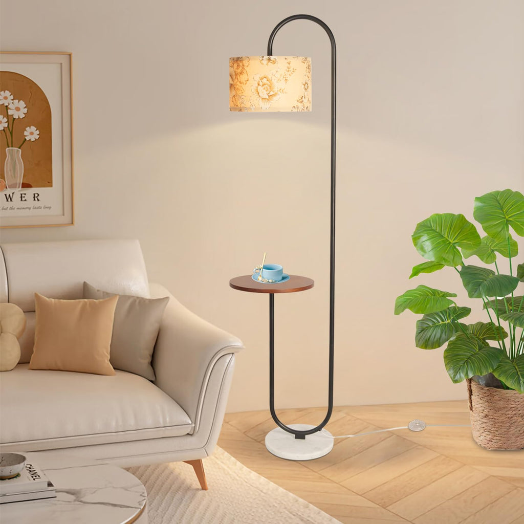 Arc Floor Lamp with Hanging Drum Shade -Marble Base Modern Tall Stand Up Light with Table, Contemporary Over The