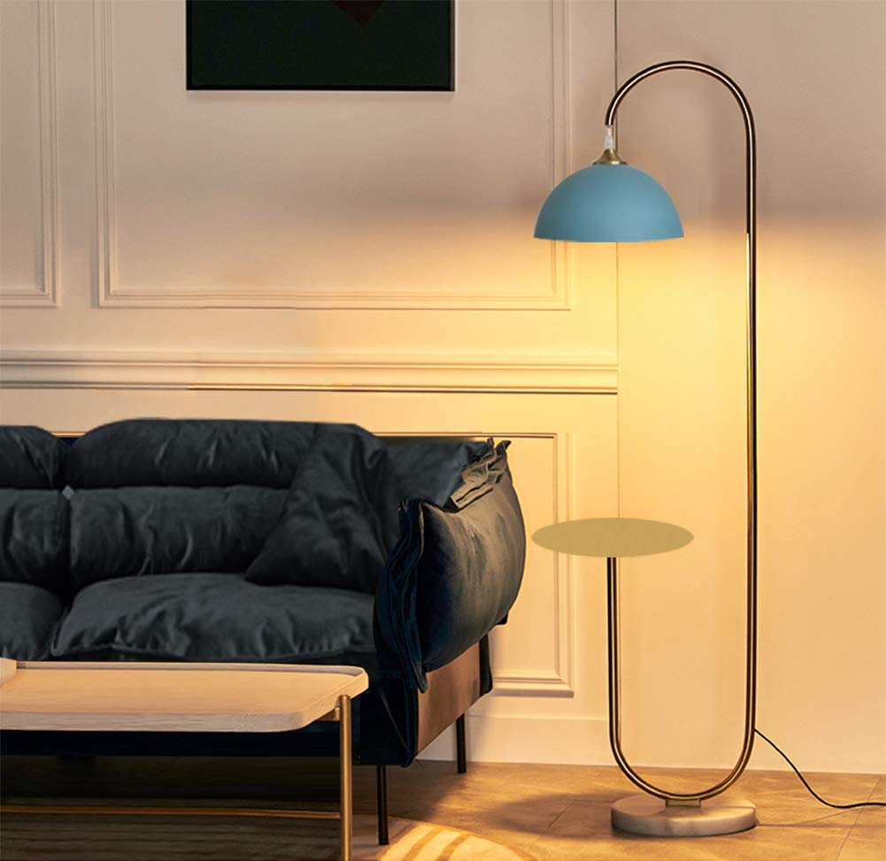 Modern Standing Light Floor Lamp with a Table, High Floor Lamp for Reading - Brushed Brass Finish and Blue