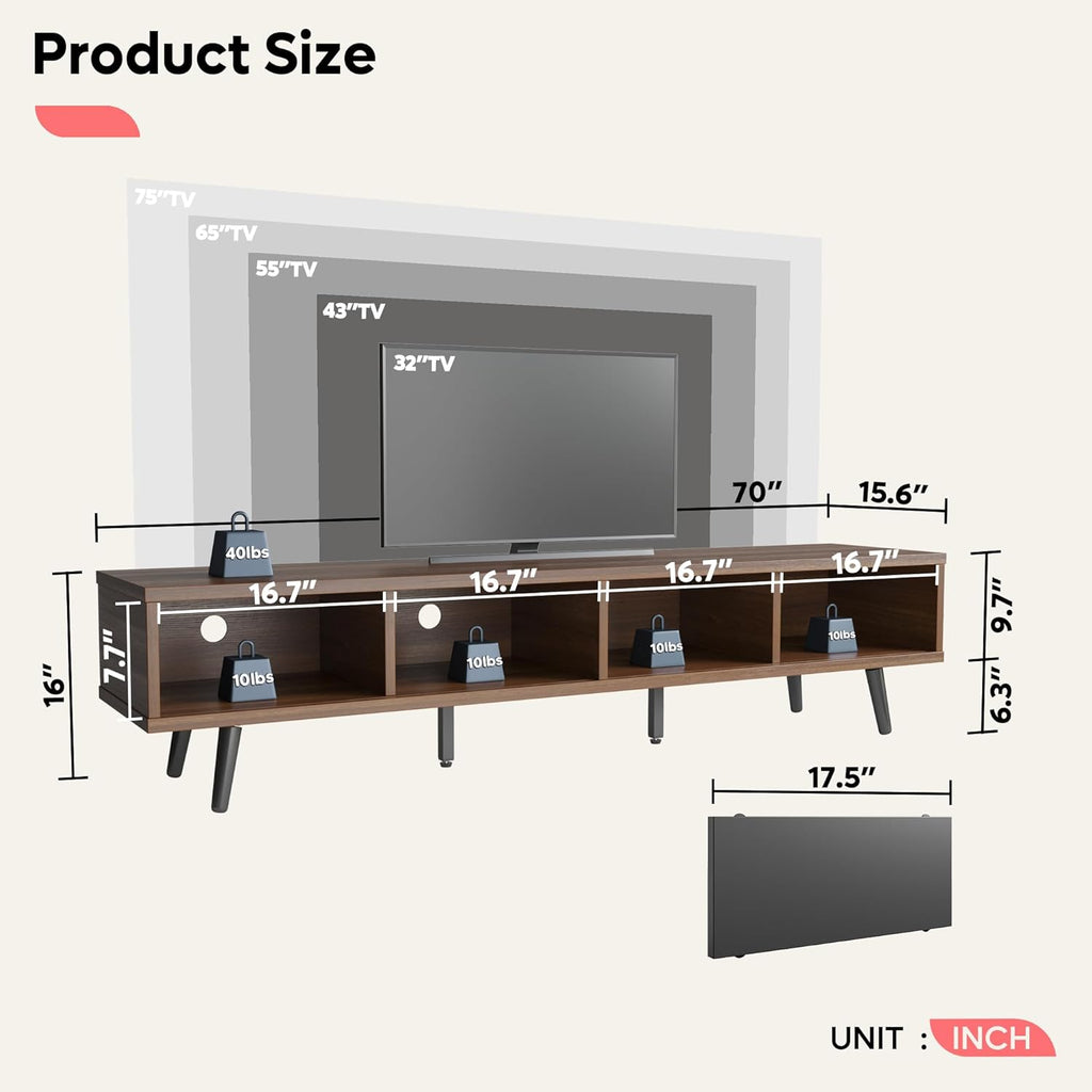 70 inch Mid Century Modern TV Stand for 75 inch TV, Low Profile TV Stand with Storage, Entertainment Center for