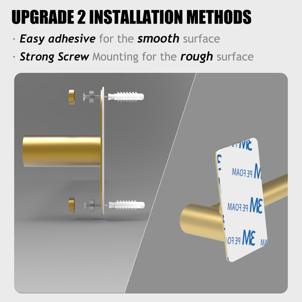 Towel Bar, Adhesive or Drill Wall Mount, Brushed Gold, 1 Pack