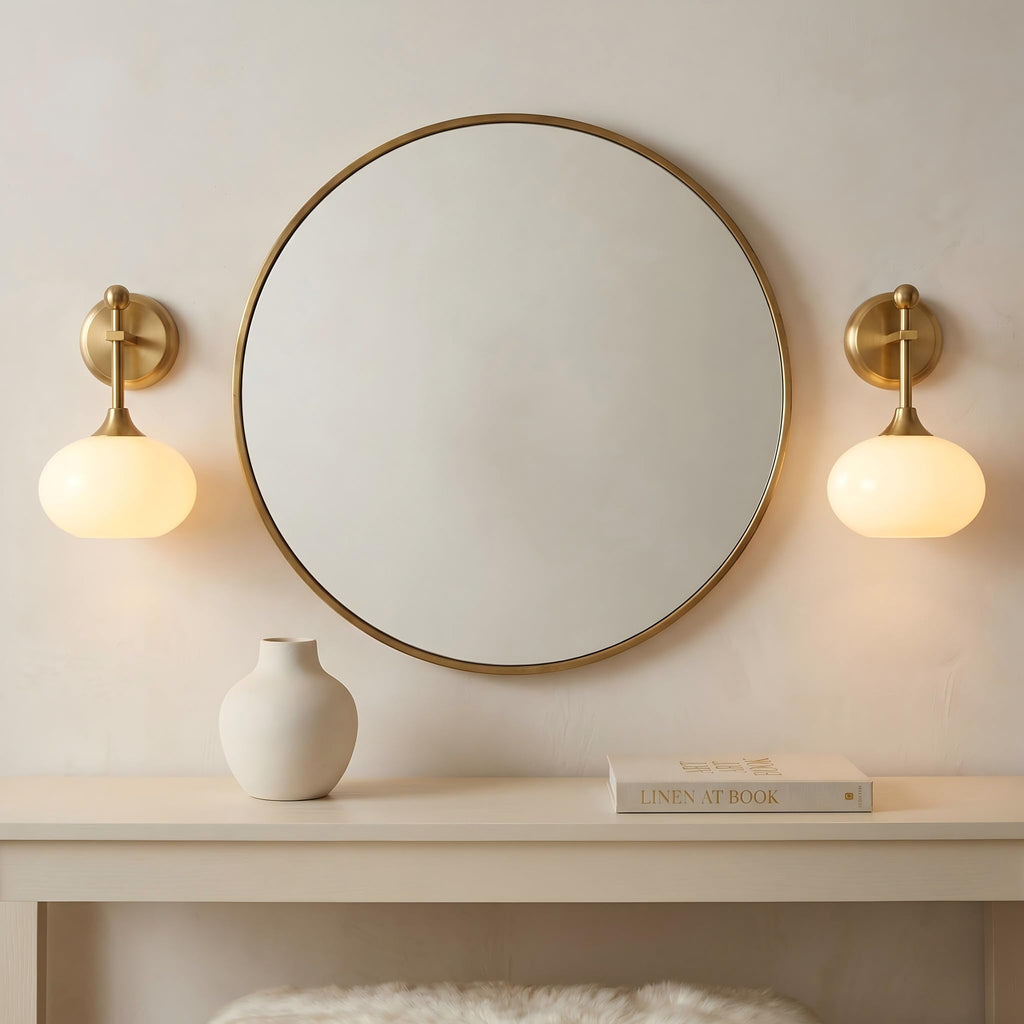 Battery-Operated Modern Brass Wall Sconce Set of 2, Wireless Rechargeable Wall Light with Remote Control, Milk Glass