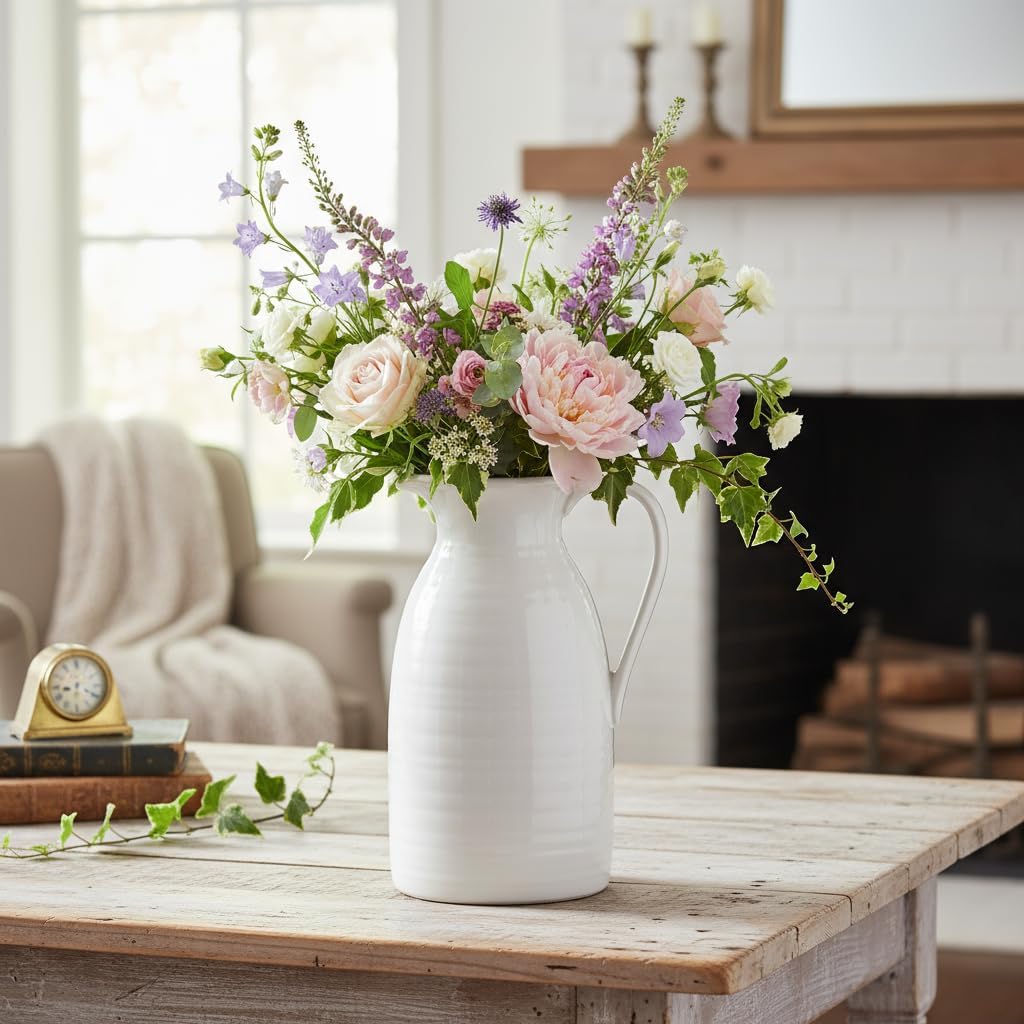 Farmhouse Pitcher Vase for Flowers- Ceramic Pitcher White Flower Vase for Your Kitchen/Home