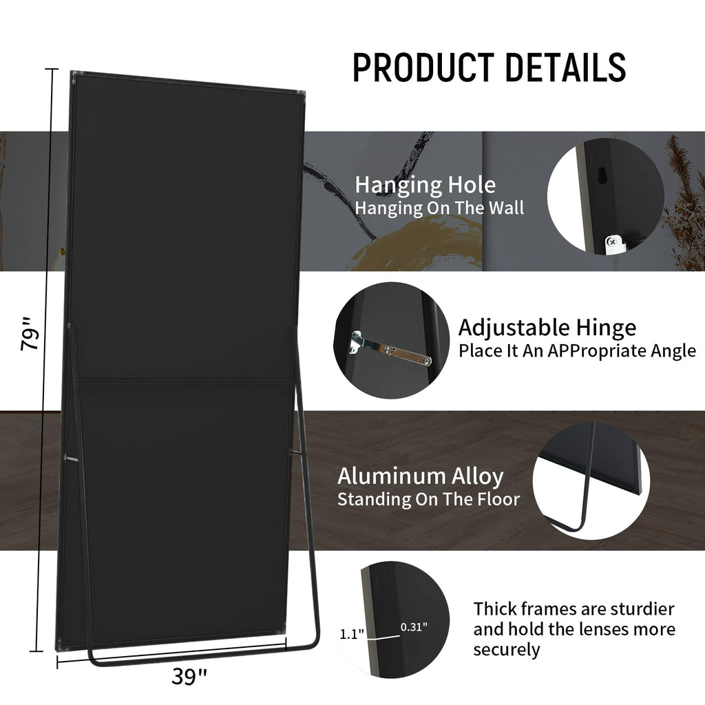 79" x 39" Full Length Mirror with Stand, Black Large Floor Mirror