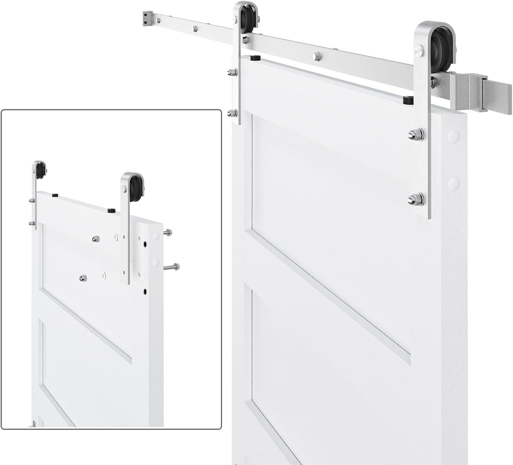 36in x 84in White Sliding Barn Door with 6.6ft Brushed Nickel Hardware Kit & Handle - 5-Panel, Water-Proof PVC