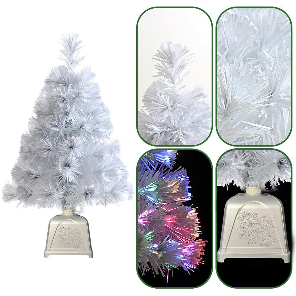 Pre lit Mini Christmas Tree, Tabletop Artificial Fiber Optic Christmas Trees with Silver Base -24 Inch (White) ...