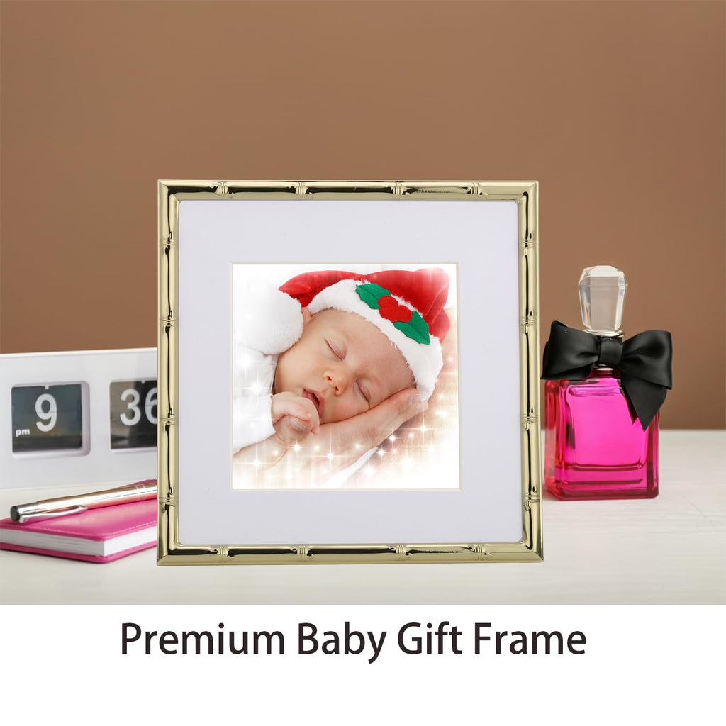 6x6'' Sqaure Gold Metal Picture Frame With Mat for 4x4'' Set of 2, Bamboo Detail Designs Gold Plated Photo Frames