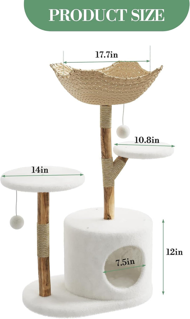 Real Solid Wood Modern Cat Tree Tower with 2 Platforms, Aesthetic Cat Tree for Indoor Cats, Kittens Condo