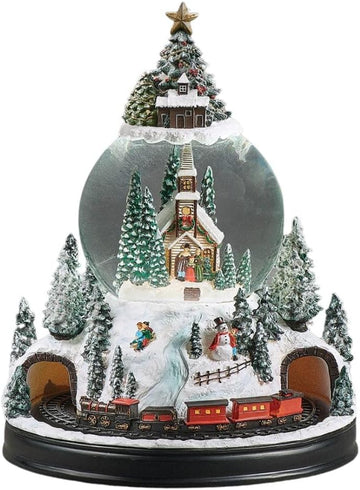 Lighted Musical Snow Globe with Church and Rotating Train - Festive Christmas Village Decoration with Illuminated