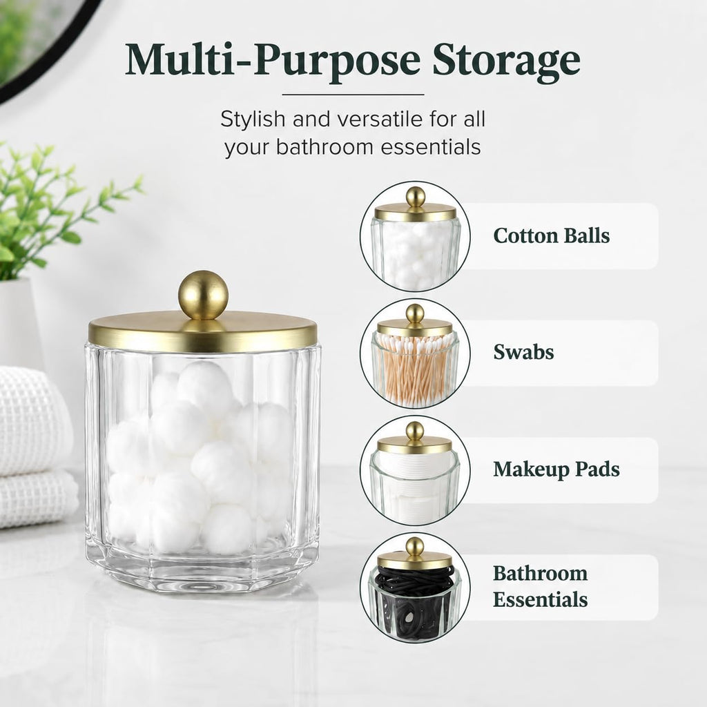 Clear Transparent Apothecary Octagional Shaped Glass Canister Jar With Gold Metal Lid Cover Organization, Cotton