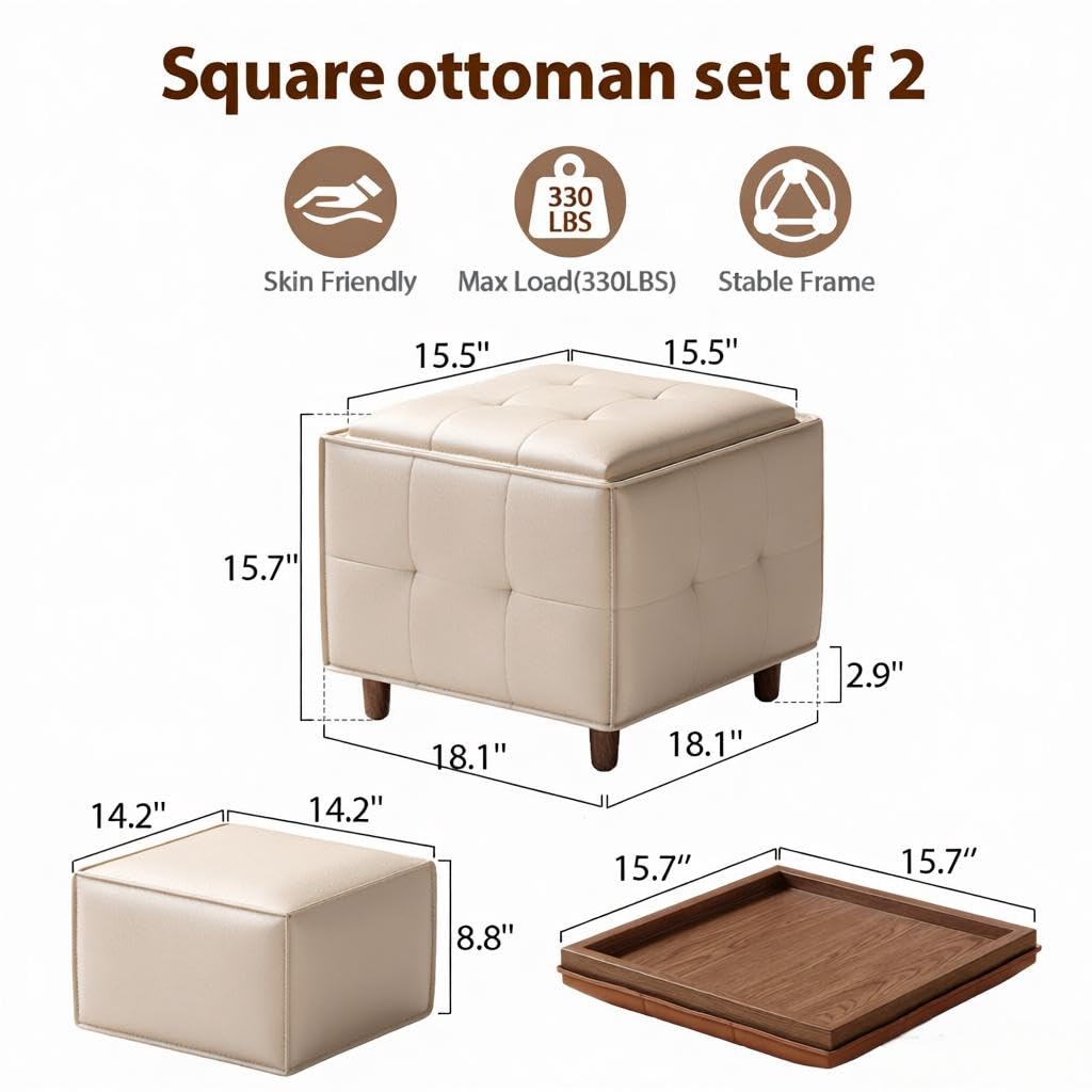 Square Ottoman with Storage Set of 2, Leather Coffee Table Ottoman, Multifunctional Foot Rest Stool with Storage