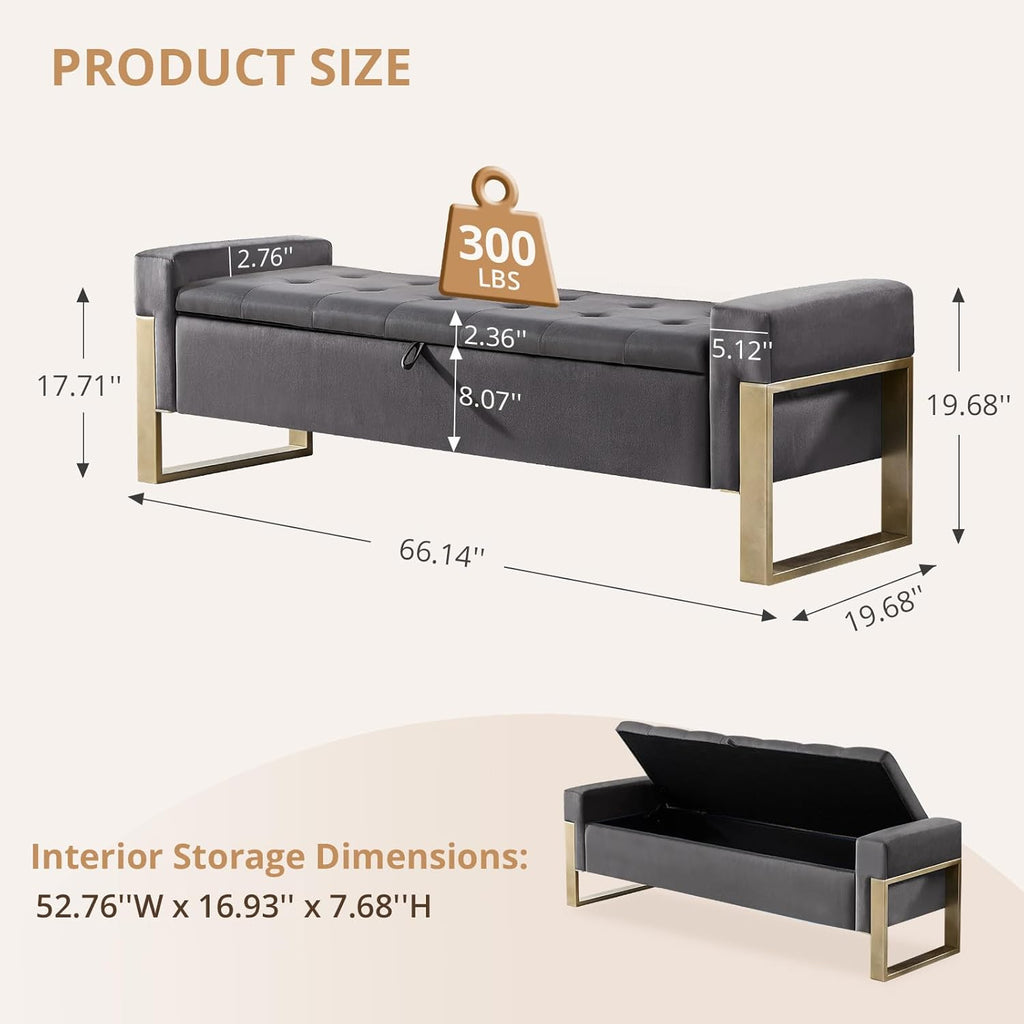 End of Bed Storage Bench, 67'' Benches Foot of Bed King Size, Upholstered Velvet Tufted Storage Ottoman Bench with