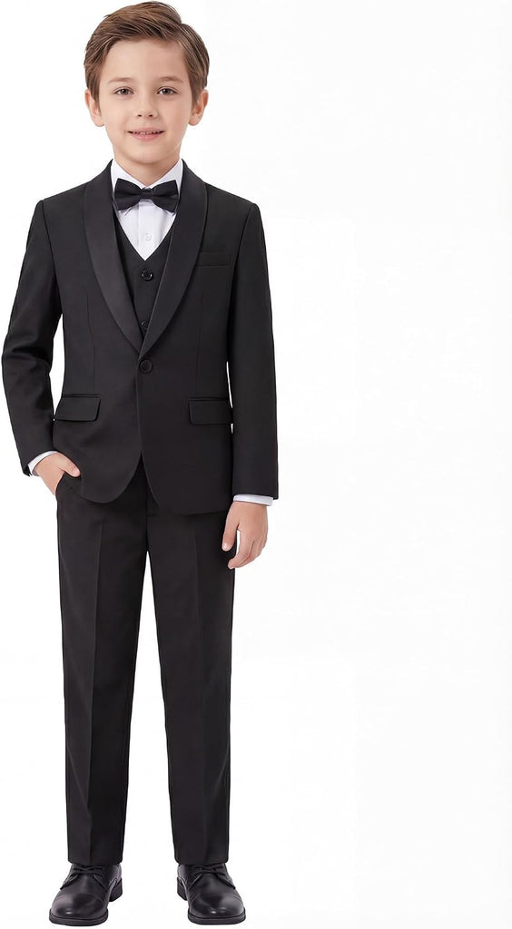 Boys 5 Pieces Tuxedo Suit Set Kids Suits Shawl Collar Jacket Pant Vest Bow Tie for Wedding Ring Bearer Party Prom