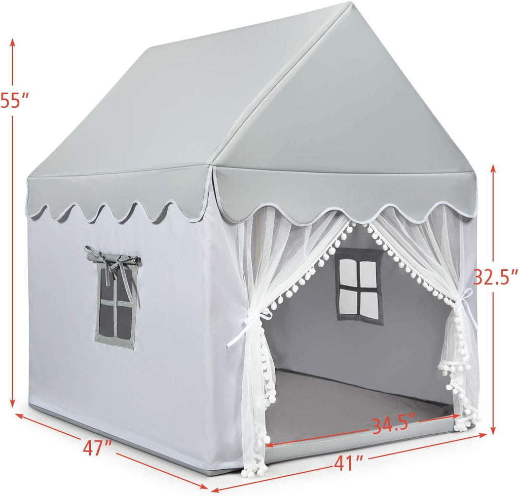 Kids Play Tent, Large Playhouse w/Washable Mat, Windows, Solid Wood Frame, Indoor Outdoor Princess Tent for Children