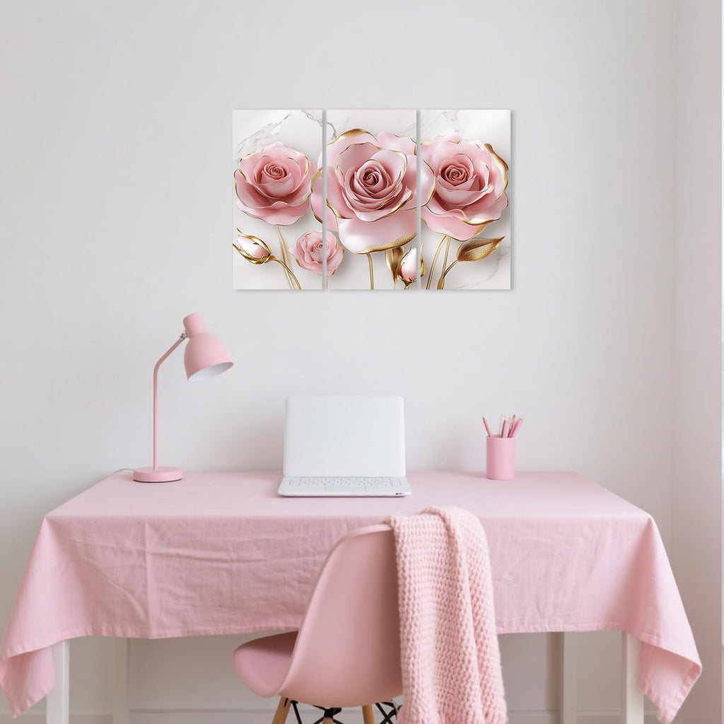 Pink Rose Canvas Wall Art Abstract Pink and Gold Wall Decor 3 Pieces Luxury Floral Painting Floral Marble Picture