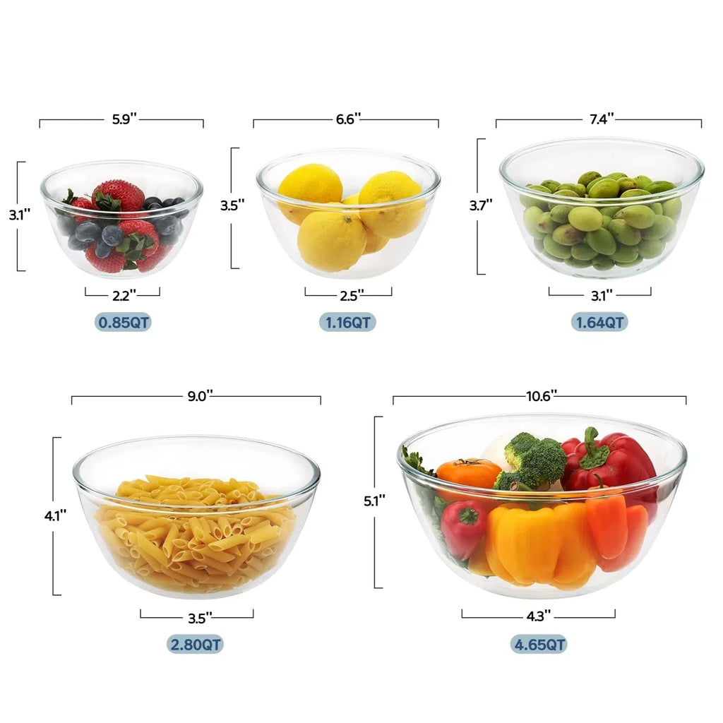 5pc Glass Mixing Bowls Sets (4.65QT, 2.80QT, 1.64QT, 1.16QT, 0.85QT), Glass Nesting Kitchen Thick Bowl for Baking