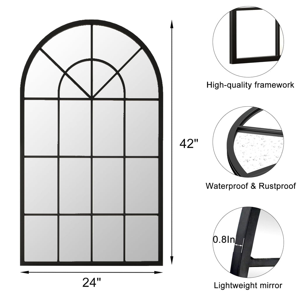 Arched Window Wall Mirror, 42"x24" Windowpane Mirror, Black